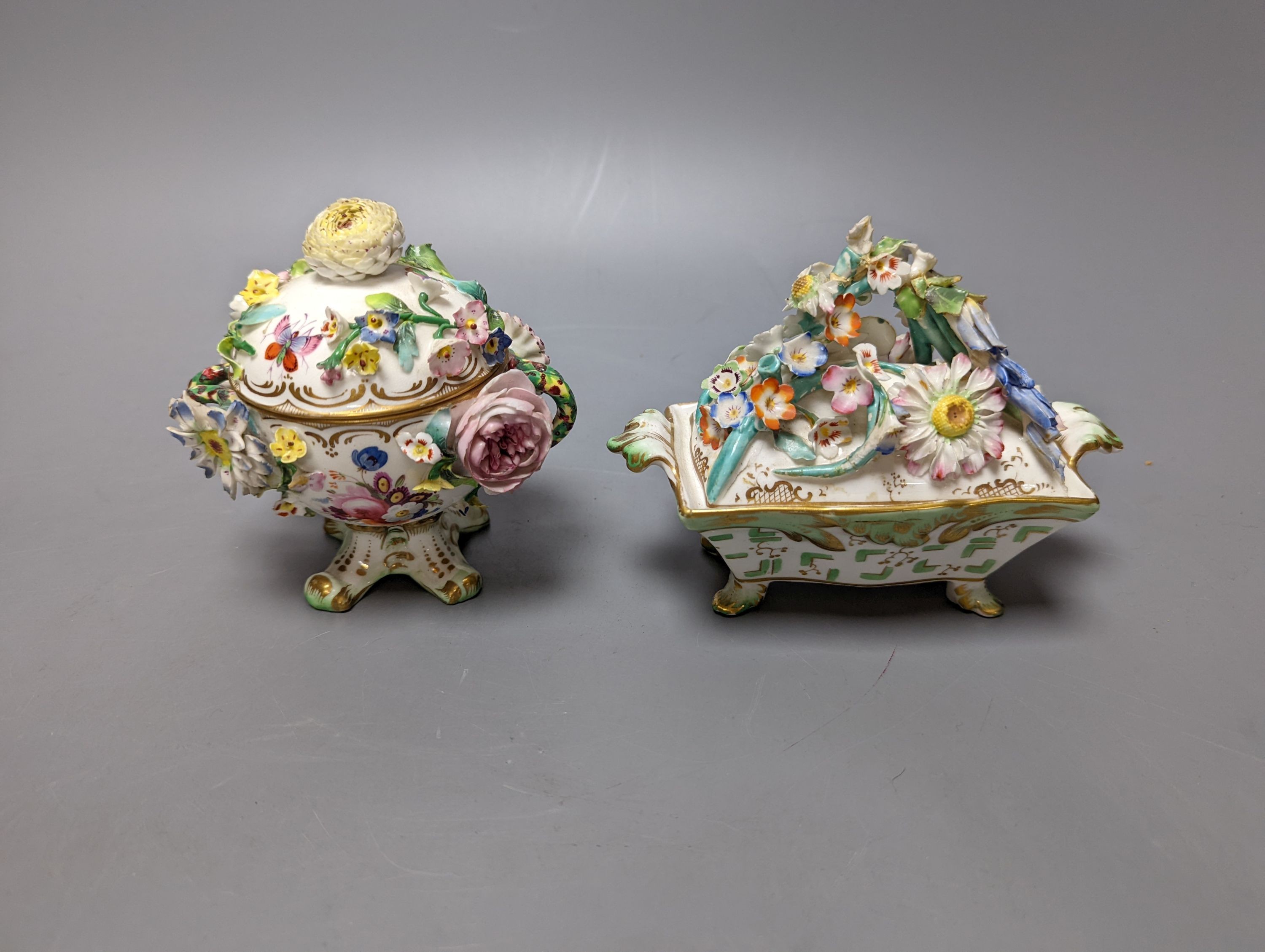 A Meissen style chocolate cup and cover, two mid 19th century English porcelain flower encrusted pots and covers and two dishes